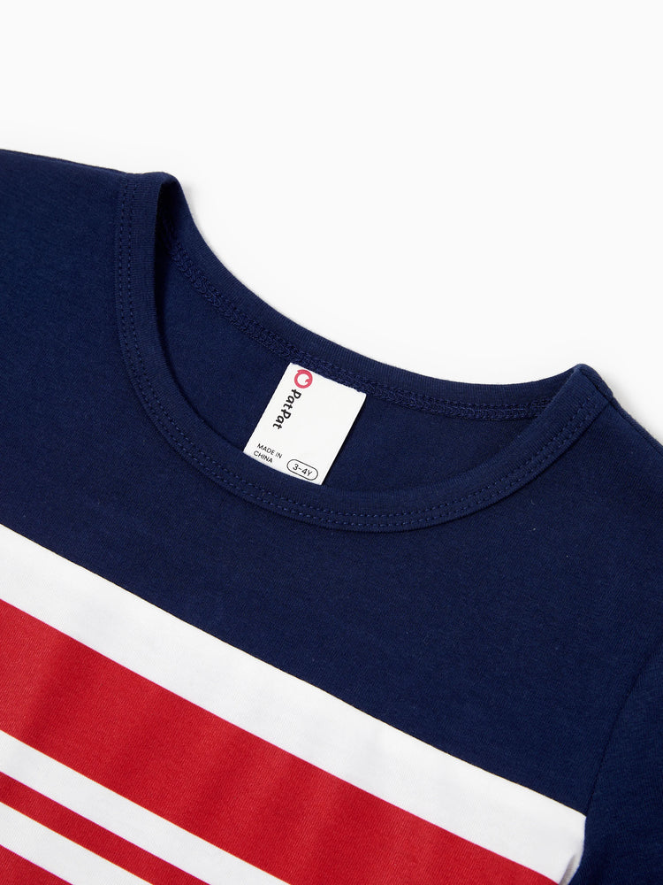 Family Matching Casual Cotton T-shirt or Belted Stripe Dress Set Multi-color