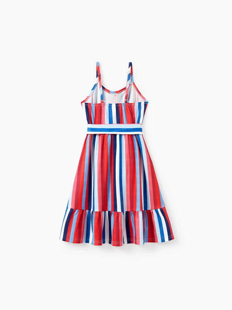 Family Matching Casual Cotton T-shirt or Belted Stripe Dress Set Multi-color