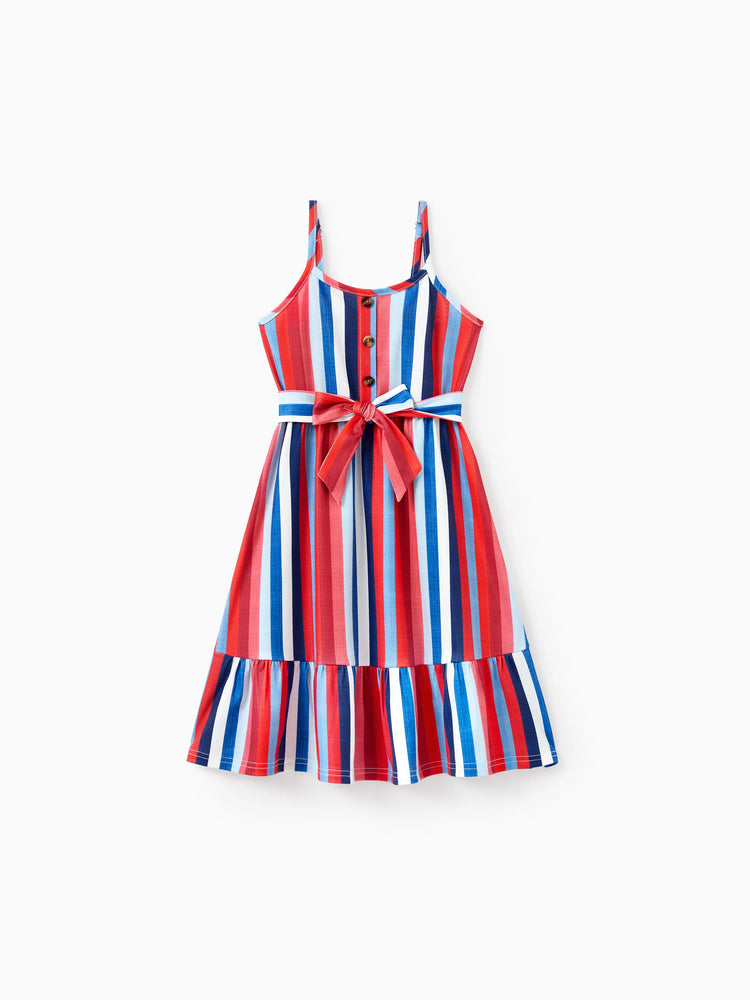 Family Matching Casual Cotton T-shirt or Belted Stripe Dress Set Multi-color