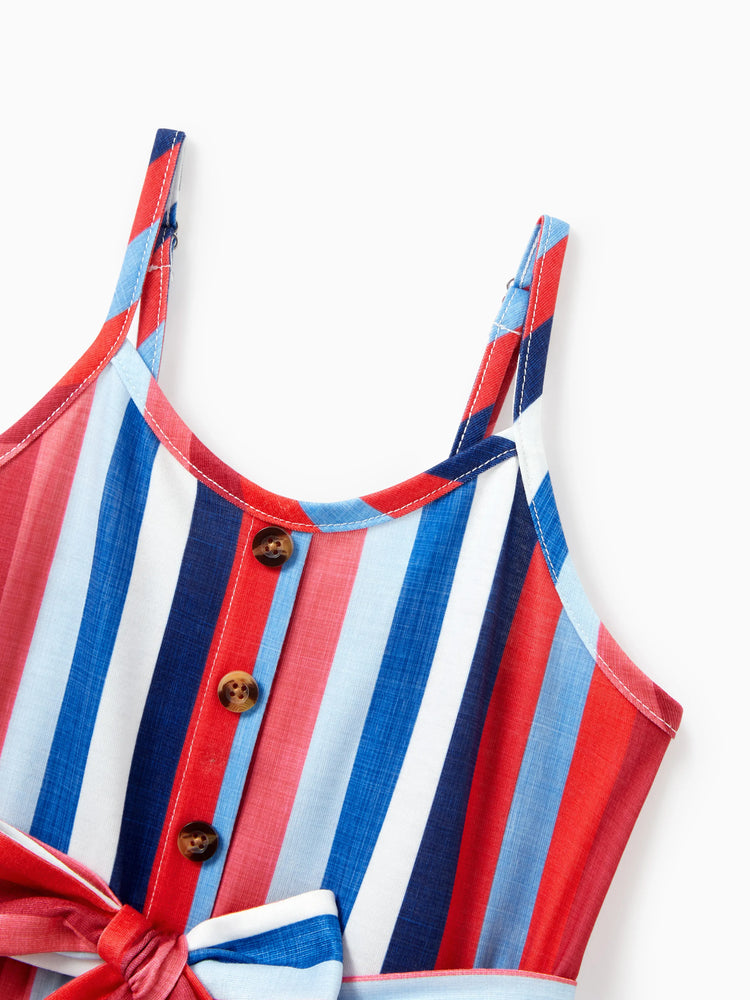 Family Matching Casual Cotton T-shirt or Belted Stripe Dress Set Multi-color