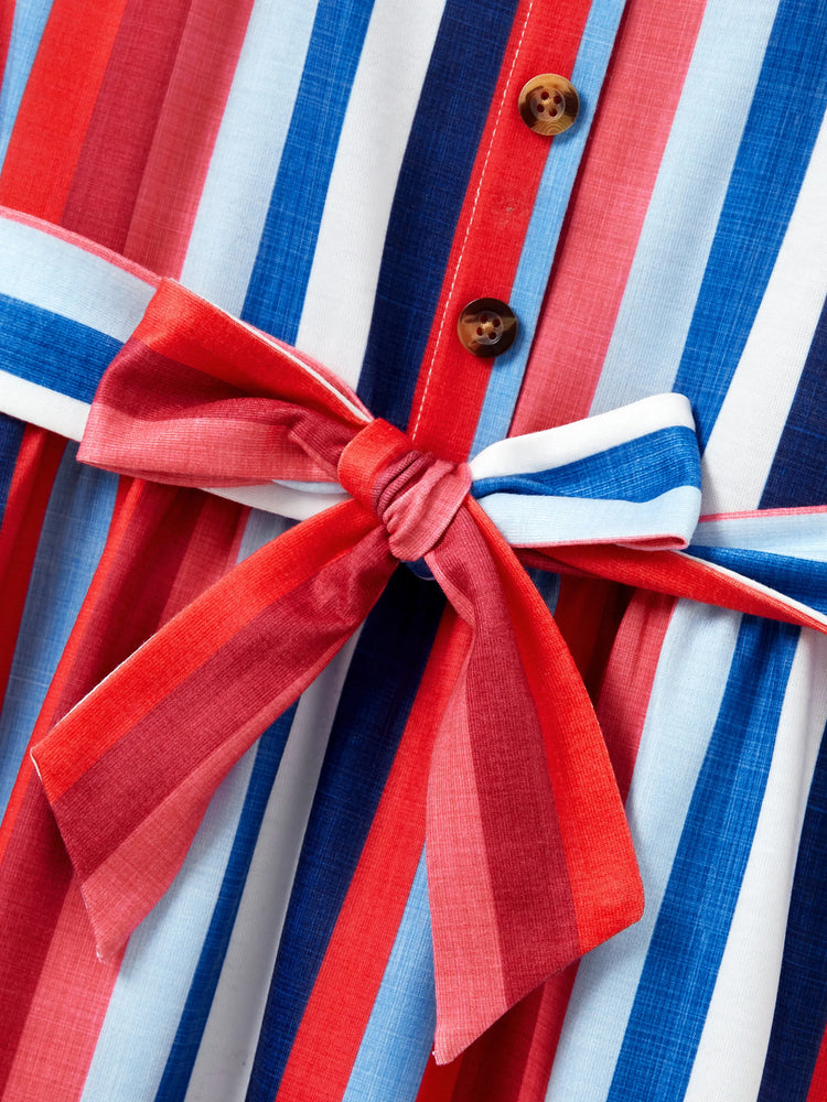 Family Matching Casual Cotton T-shirt or Belted Stripe Dress Set Multi-color