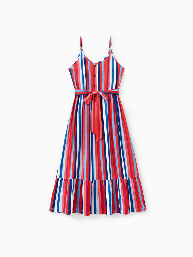 Family Matching Casual Cotton T-shirt or Belted Stripe Dress Set Multi-color