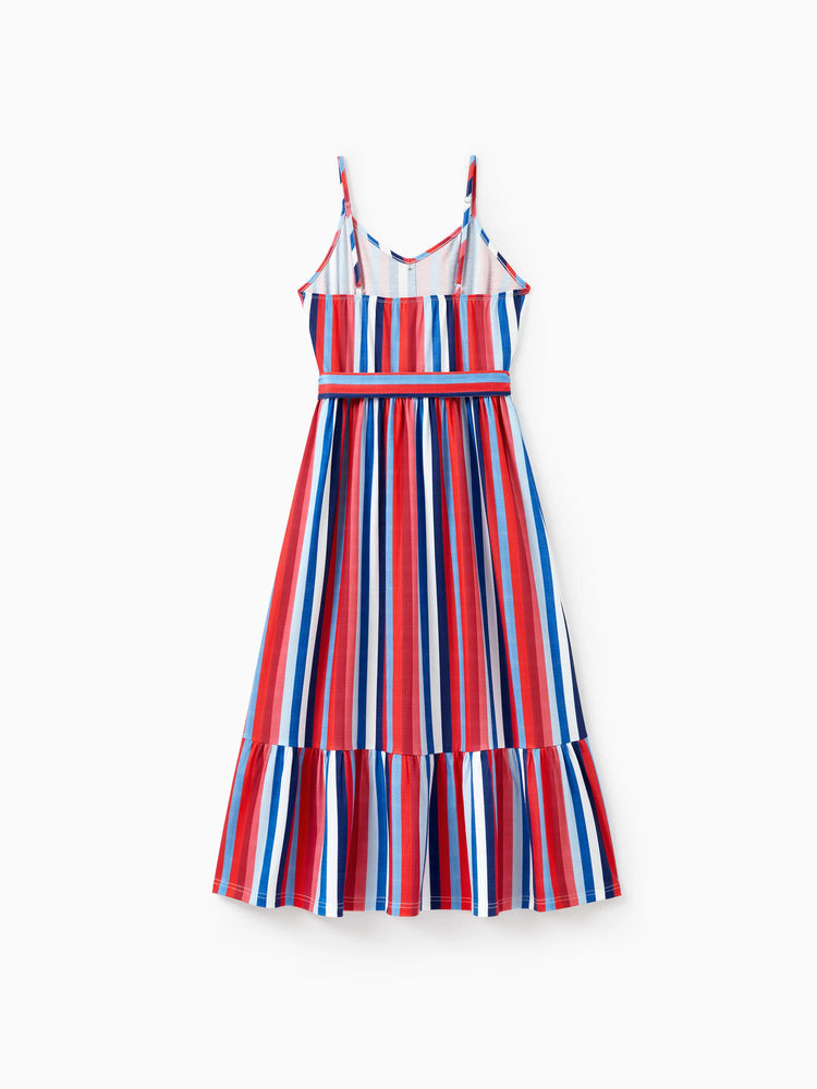Family Matching Casual Cotton T-shirt or Belted Stripe Dress Set Multi-color