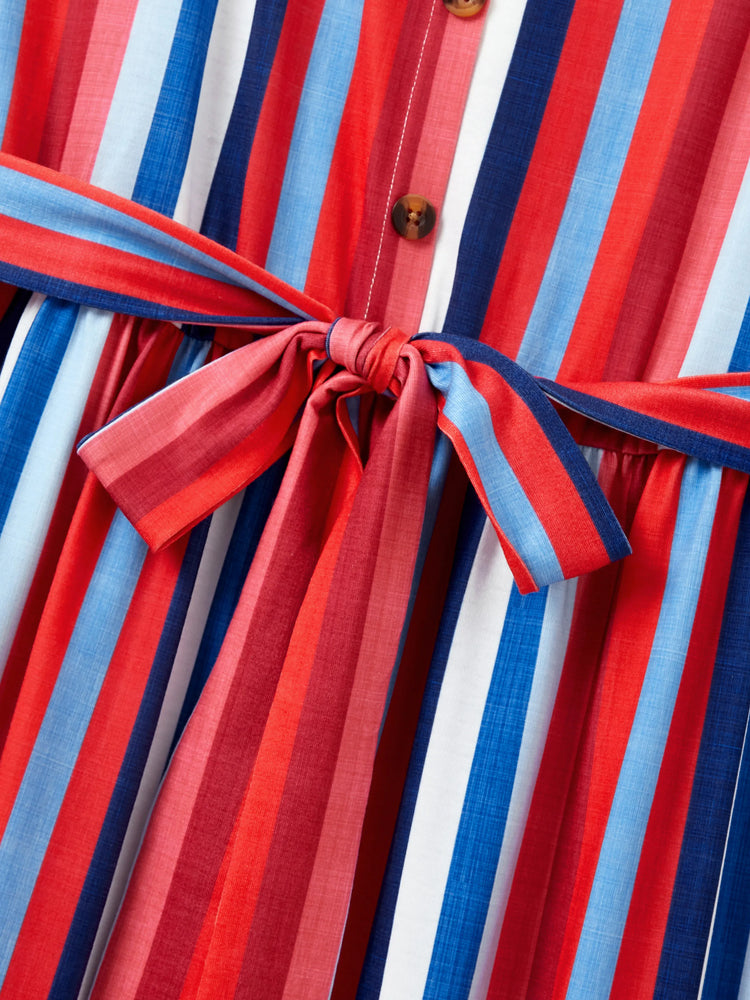 Family Matching Casual Cotton T-shirt or Belted Stripe Dress Set Multi-color