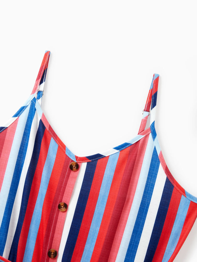 Family Matching Casual Cotton T-shirt or Belted Stripe Dress Set Multi-color