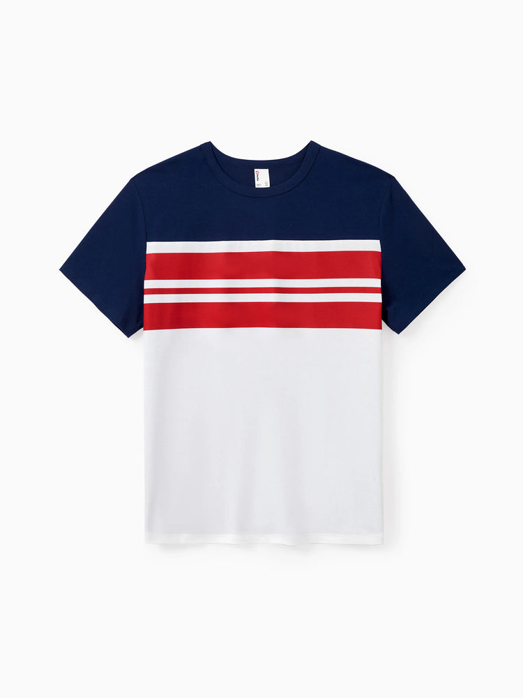 Family Matching Casual Cotton T-shirt or Belted Stripe Dress Set Multi-color