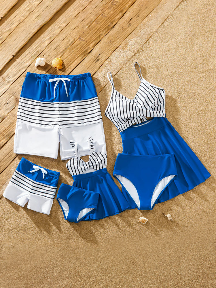 Mommy & me Swimsuit Striped Blue Spliced Tankini with Cross-Front, Tie-Back, and Thin Straps Color block