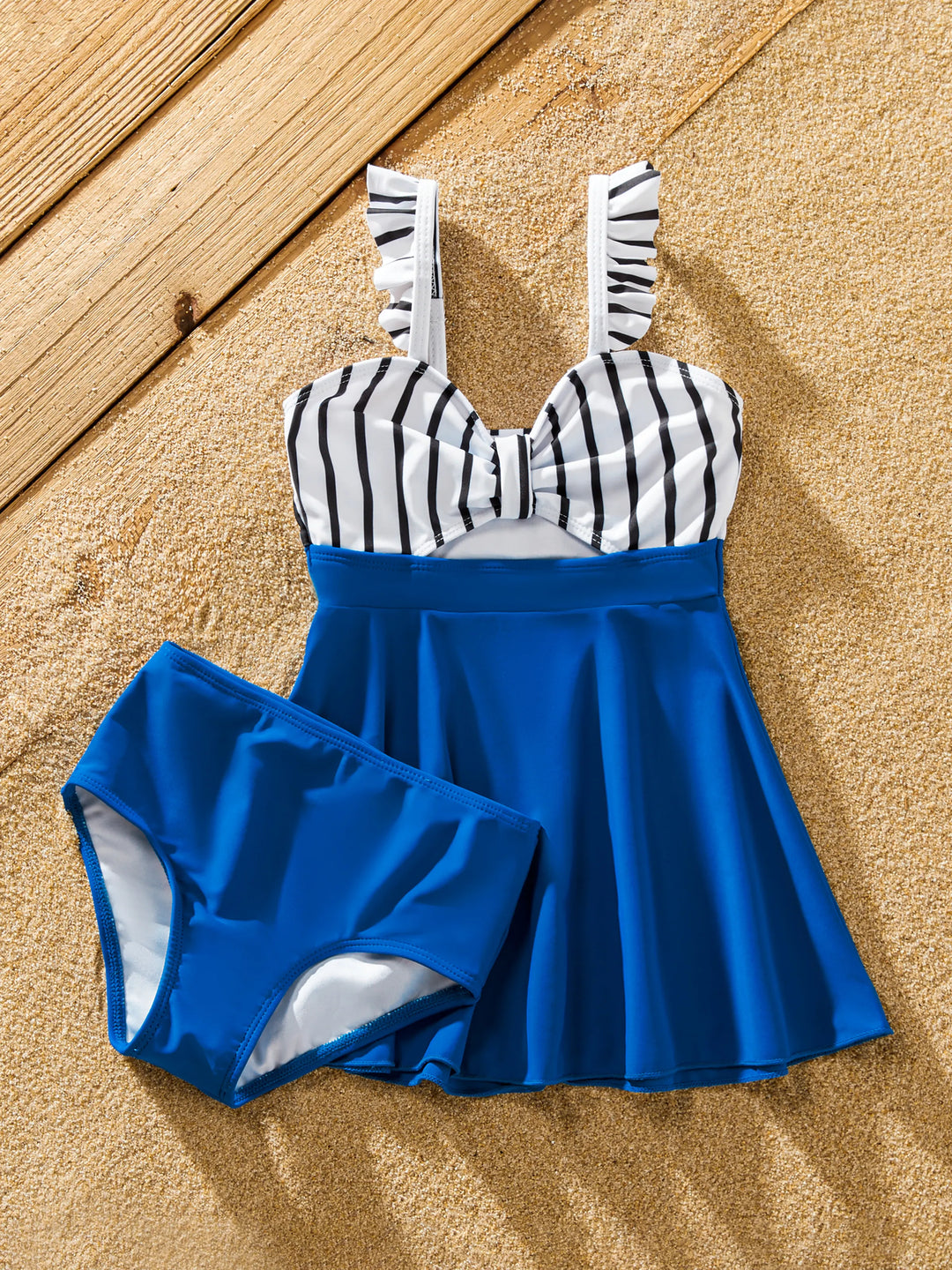Toddler Girl Swimsuit Colorblock Drawstring Striped Blue Spliced Tankini with Cross-Front, Tie-Back, and Thin Straps Color block