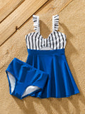 Toddler Girl Swimsuit Colorblock Drawstring Striped Blue Spliced Tankini with Cross-Front, Tie-Back, and Thin Straps Color block