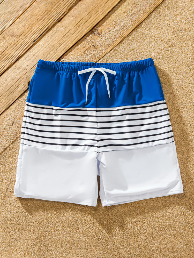 Daddy & Daughter Swimsuit Colorblock Drawstring Swim Trunks or Striped Blue Spliced Tankini with Cross-Front, Tie-Back, and Thin Straps Color block