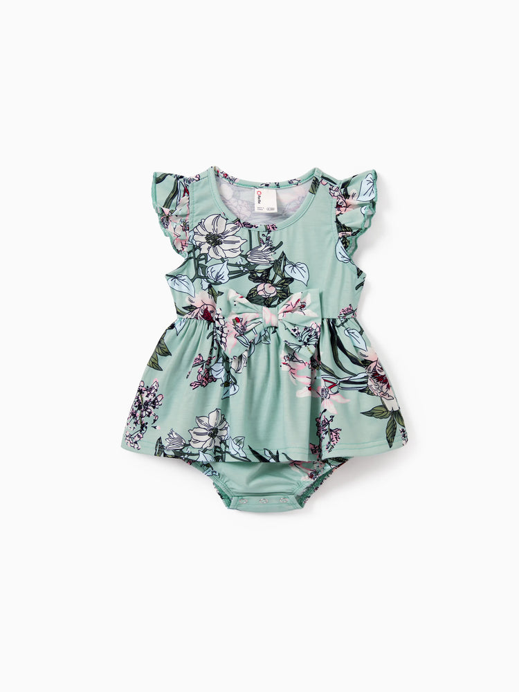 Daddy & Daughter Sets Green Striped Polo Shirt or Flora Print Strap Belted Dress Light Green