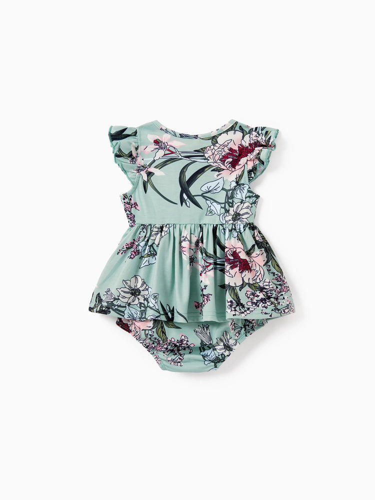 Mommy & me Sets Green Striped Polo Shirt or Flora Print Strap Belted Dress Light Green