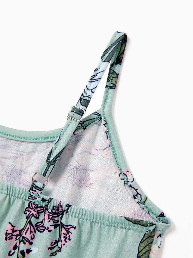 Ensembles familiaux assortis : polo rayé vert ou robe ceinturée à bretelles et imprimé floral vert clair