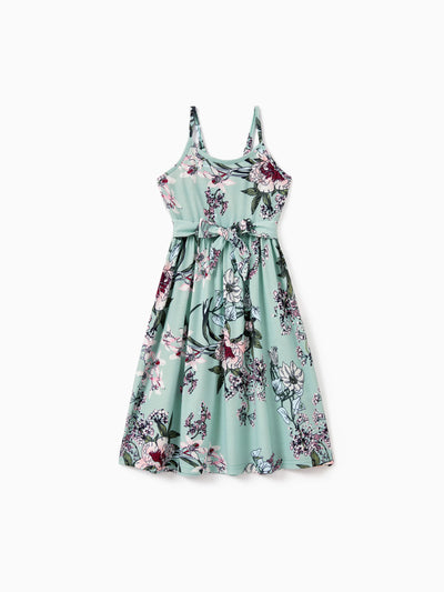 Toddler/Kid Girl Sets Flora Print Strap Belted Dress Light Green