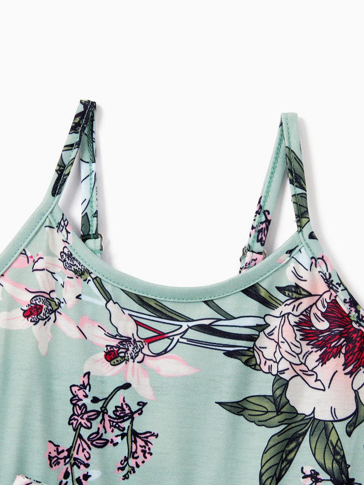 Ensembles familiaux assortis : polo rayé vert ou robe ceinturée à bretelles et imprimé floral vert clair