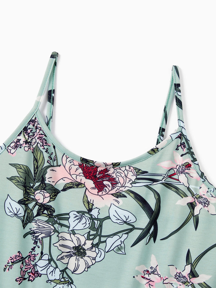 Mommy & me Sets Green Striped Polo Shirt or Flora Print Strap Belted Dress Light Green