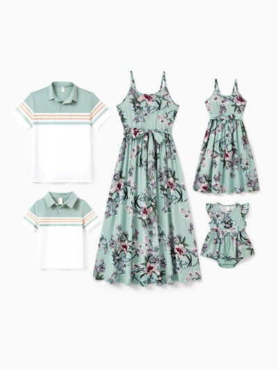 Ensembles familiaux assortis : polo rayé vert ou robe ceinturée à bretelles et imprimé floral vert clair