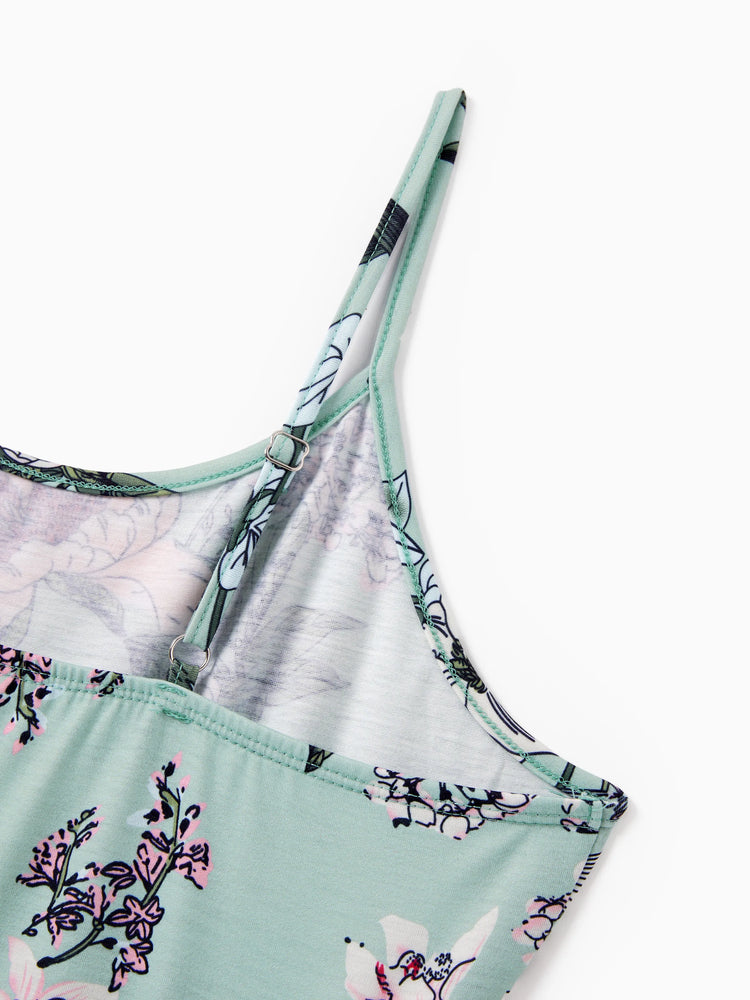 Ensembles familiaux assortis : polo rayé vert ou robe ceinturée à bretelles et imprimé floral vert clair