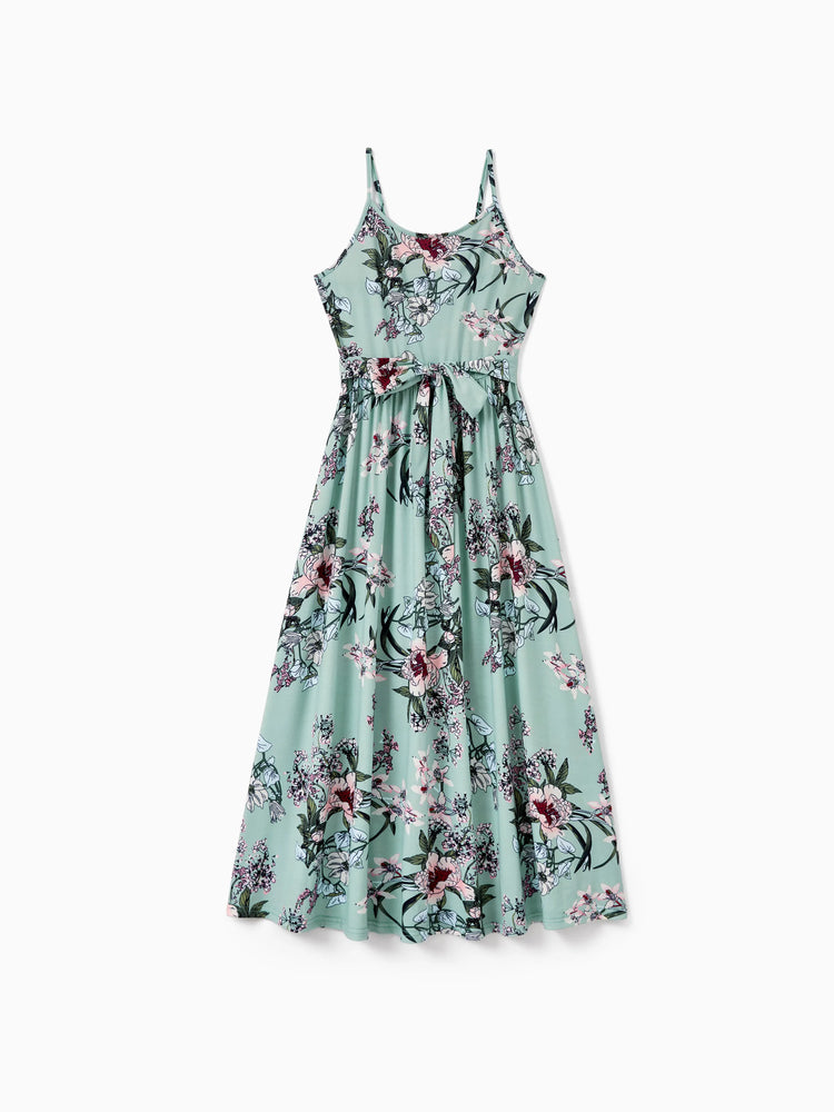 Mommy & me Sets Green Striped Polo Shirt or Flora Print Strap Belted Dress Light Green