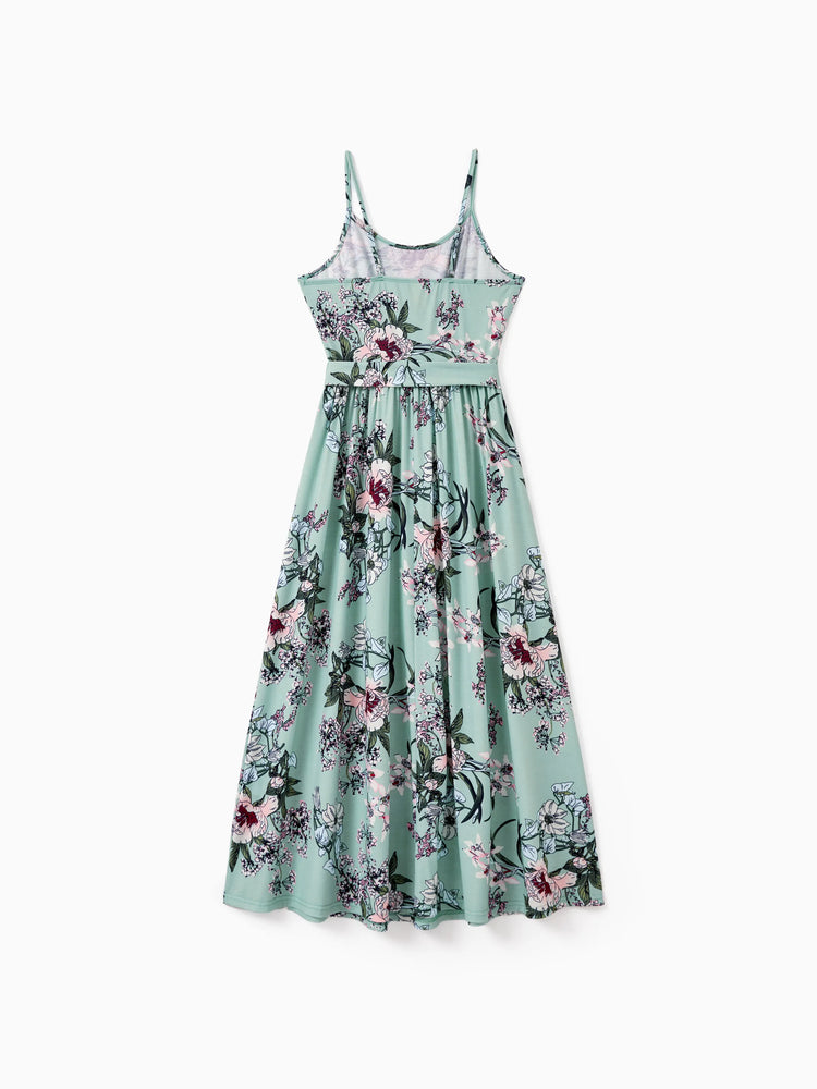 Mommy & me Sets Green Striped Polo Shirt or Flora Print Strap Belted Dress Light Green