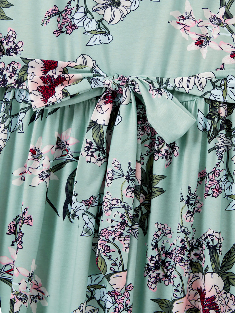 Mommy & me Sets Green Striped Polo Shirt or Flora Print Strap Belted Dress Light Green