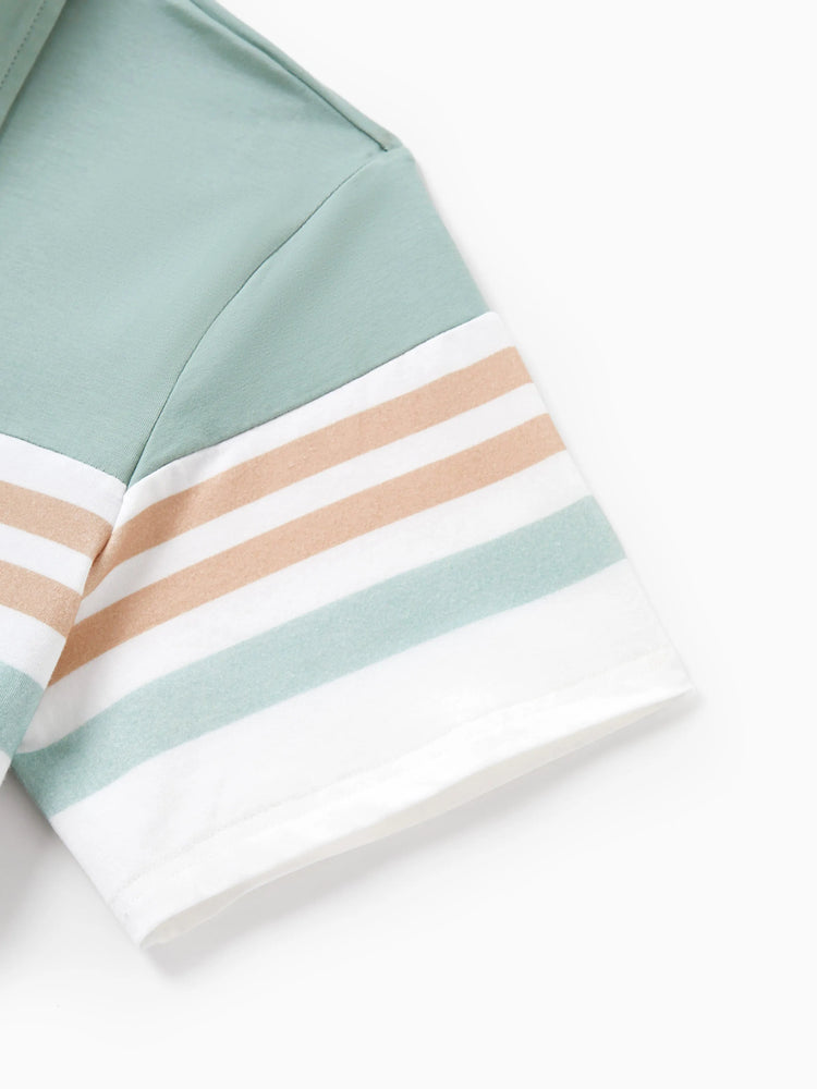 Ensembles familiaux assortis : polo rayé vert ou robe ceinturée à bretelles et imprimé floral vert clair