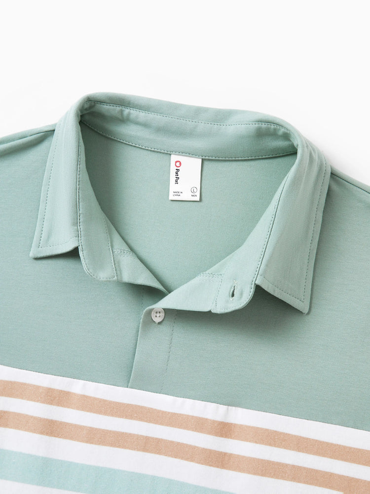 Daddy & Daughter Sets Green Striped Polo Shirt or Flora Print Strap Belted Dress Light Green