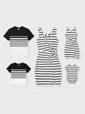 Family Matching Cotton Set Black and White Stripe T-shirt or Strap Bodycon Dress Black+White