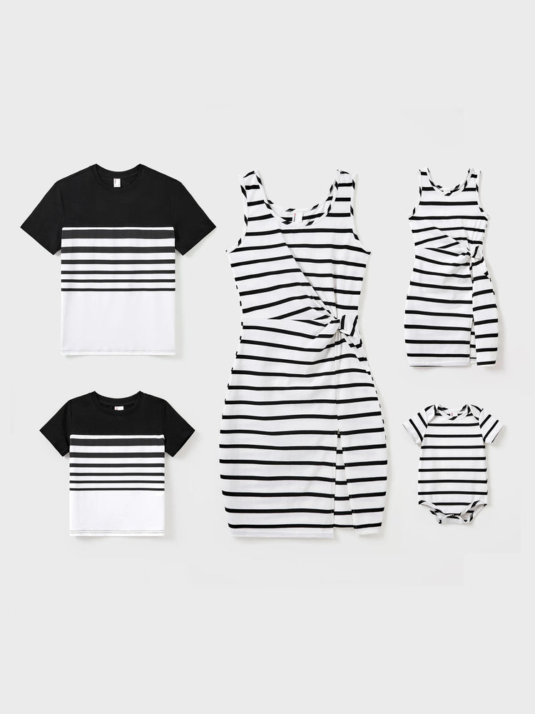 Toddler/Kid Girl Cotton Black and White Stripe Strap Bodycon Dress Bla - PatPat Toddler/Kid Girl Cotton Black and White Stripe Strap Bodycon Dress Bla - PatPat