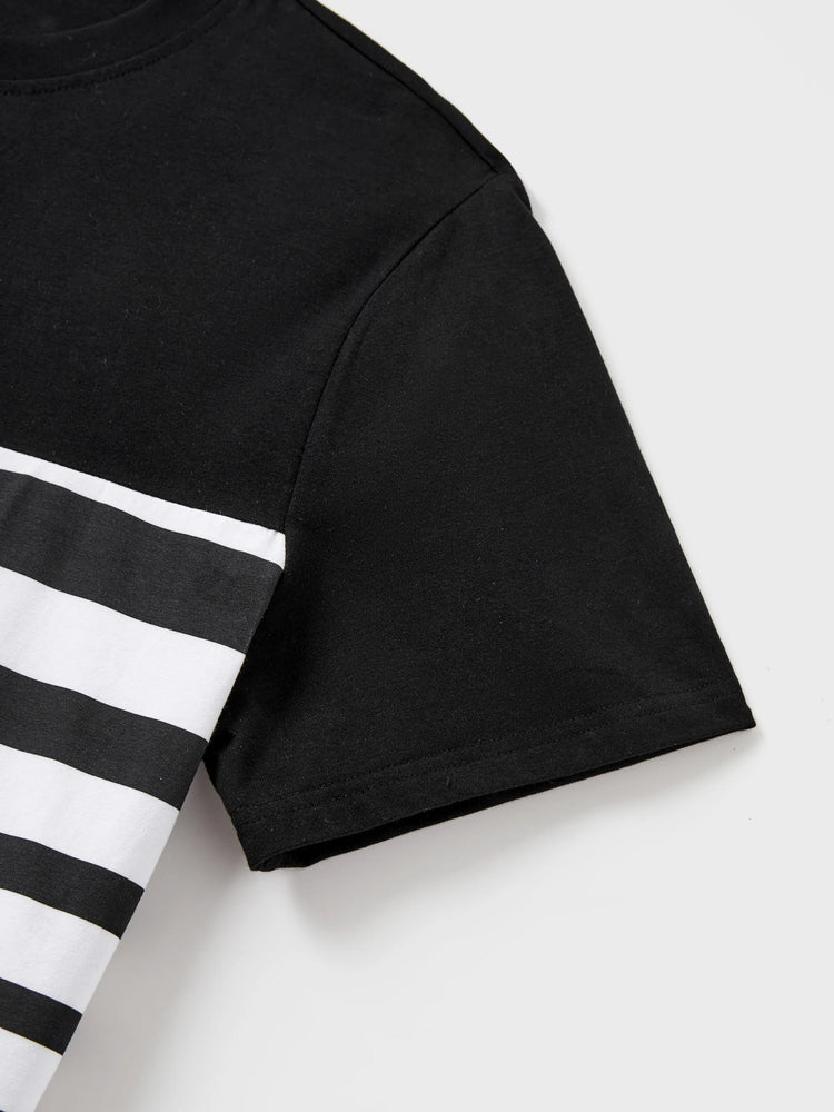 Family Matching Cotton Set Black and White Stripe T-shirt or Strap Bodycon Dress Black+White