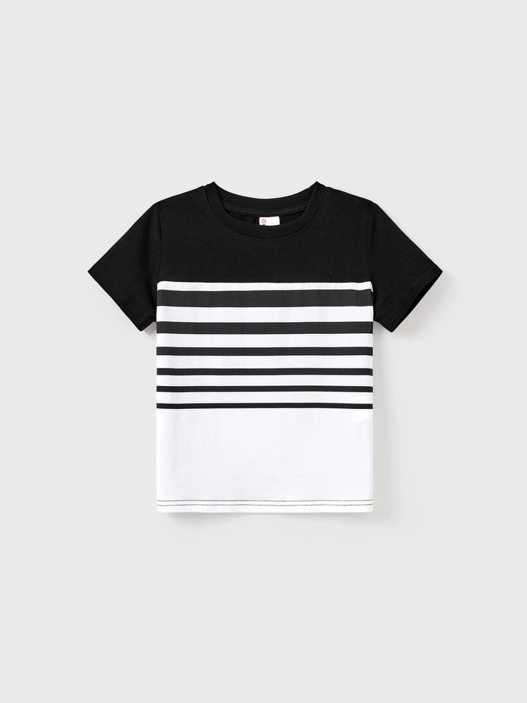 Family Matching Cotton Set Black and White Stripe T-shirt or Strap Bodycon Dress Black+White