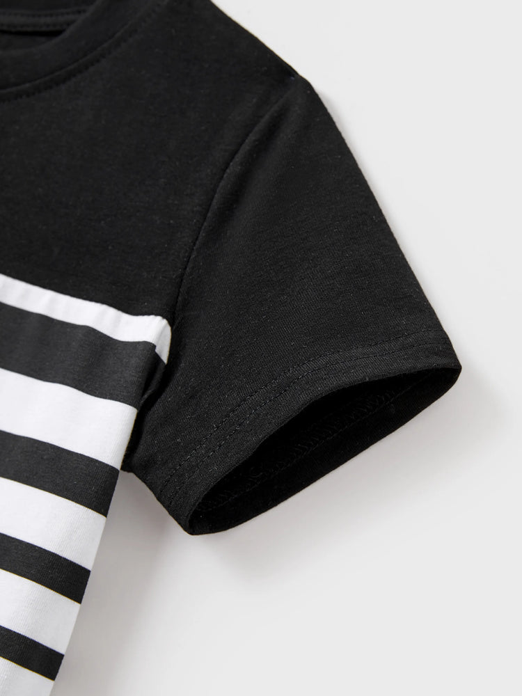 Family Matching Cotton Set Black and White Stripe T-shirt or Strap Bodycon Dress Black+White