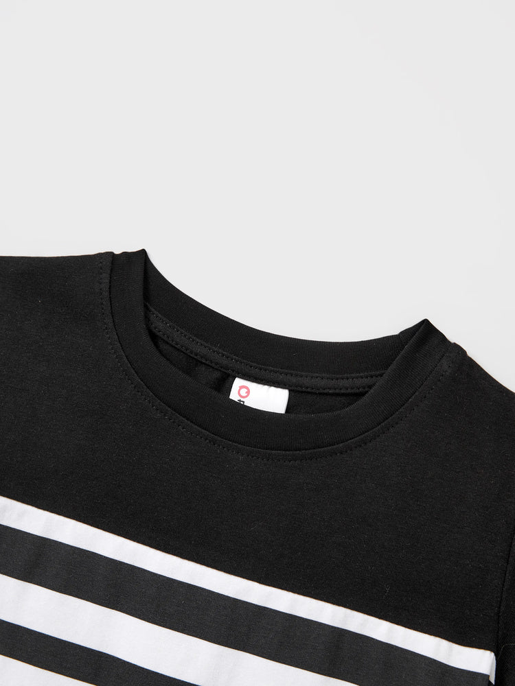 Daddy & Son Cotton Set Black and White Stripe T-shirt Black+White