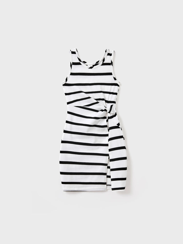 Family Matching Cotton Set Black and White Stripe T-shirt or Strap Bodycon Dress Black+White