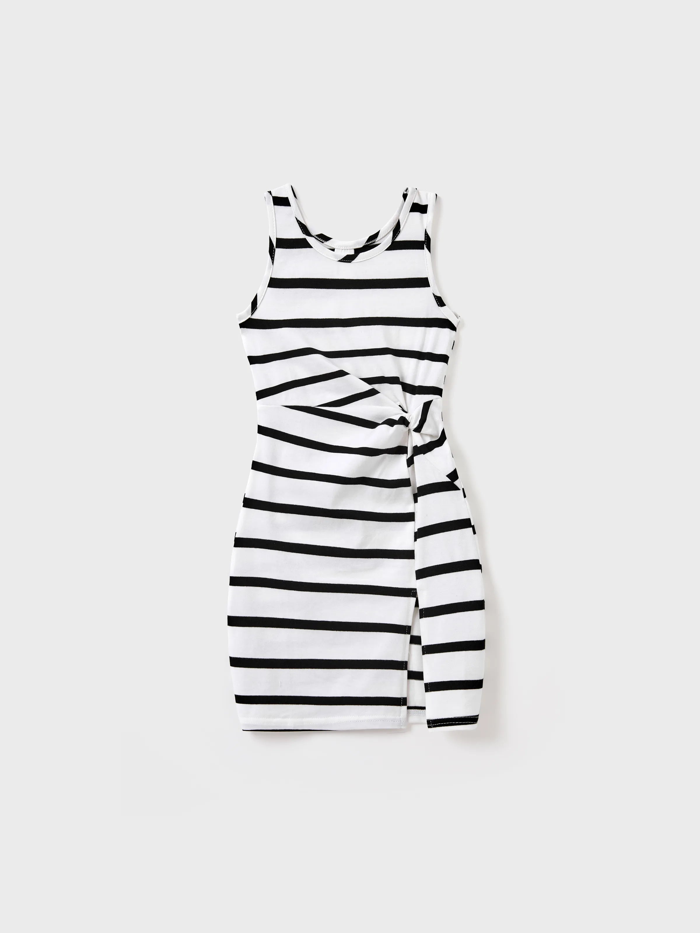 Toddler/Kid Girl Cotton Black and White Stripe Strap Bodycon Dress Black+White Toddler/Kid Girl Cotton Black and White Stripe Strap Bodycon Dress Black+White