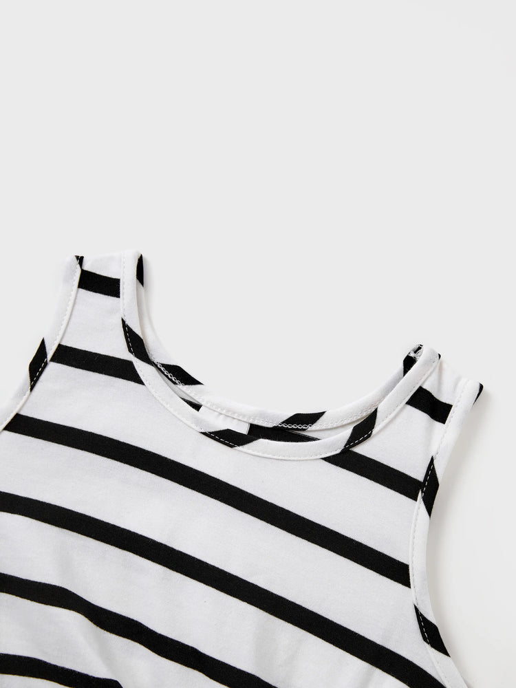 Family Matching Cotton Set Black and White Stripe T-shirt or Strap Bodycon Dress Black+White