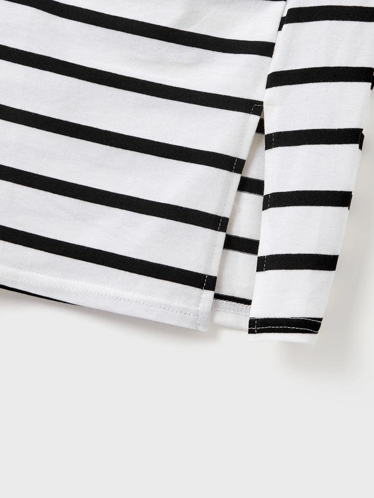 Family Matching Cotton Set Black and White Stripe T-shirt or Strap Bodycon Dress Black+White