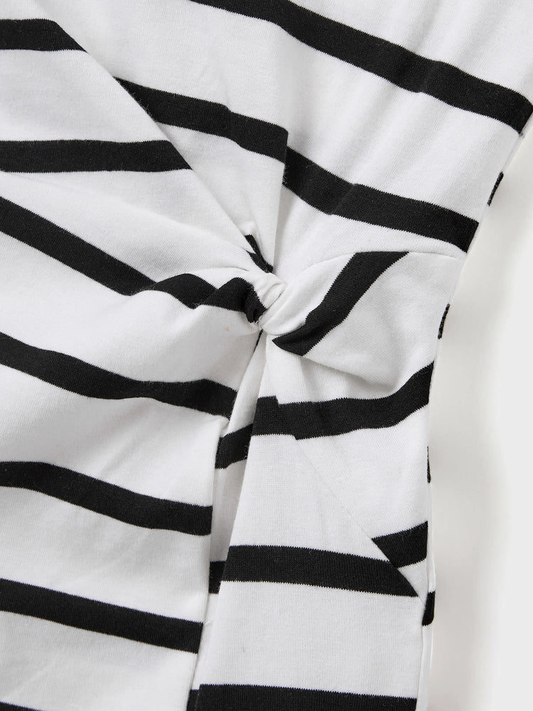Family Matching Cotton Set Black and White Stripe T-shirt or Strap Bodycon Dress Black+White