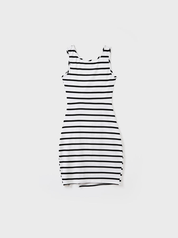 Family Matching Cotton Set Black and White Stripe T-shirt or Strap Bodycon Dress Black+White