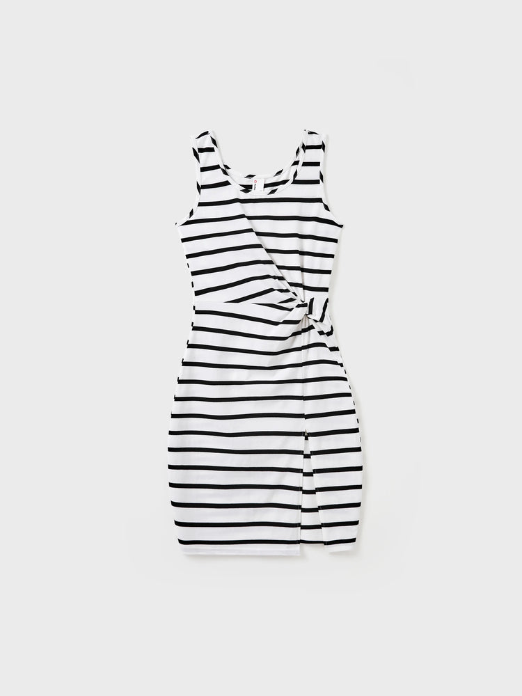 Family Matching Cotton Set Black and White Stripe T-shirt or Strap Bodycon Dress Black+White