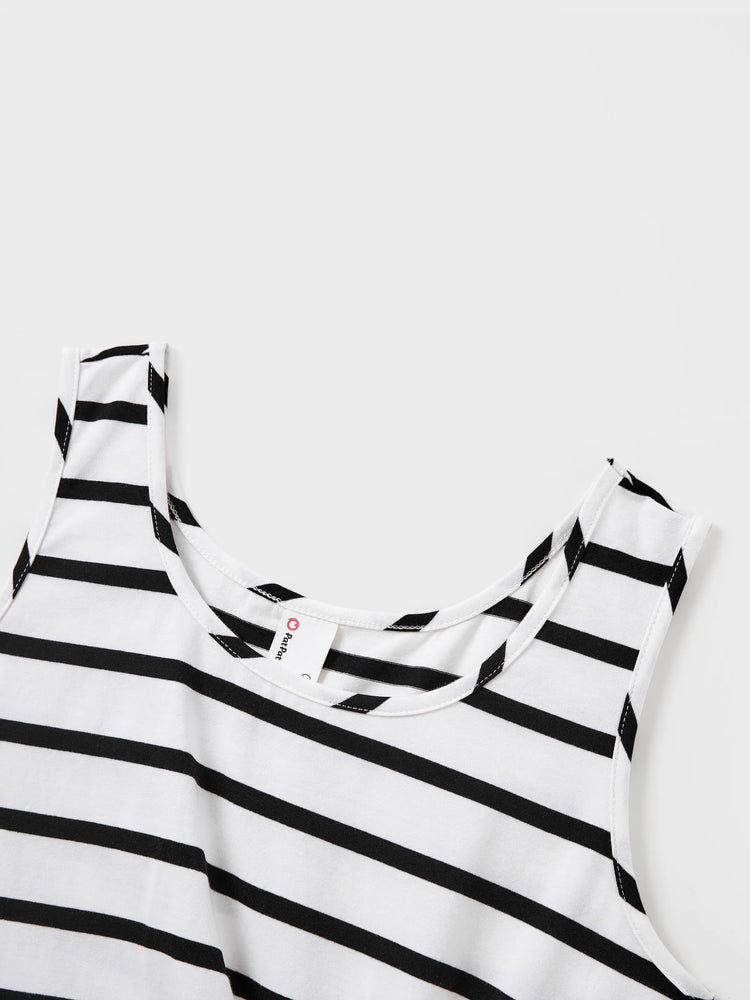 Family Matching Cotton Set Black and White Stripe T-shirt or Strap Bodycon Dress Black+White