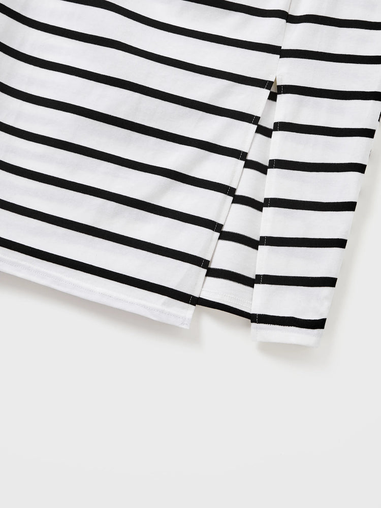 Family Matching Cotton Set Black and White Stripe T-shirt or Strap Bodycon Dress Black+White