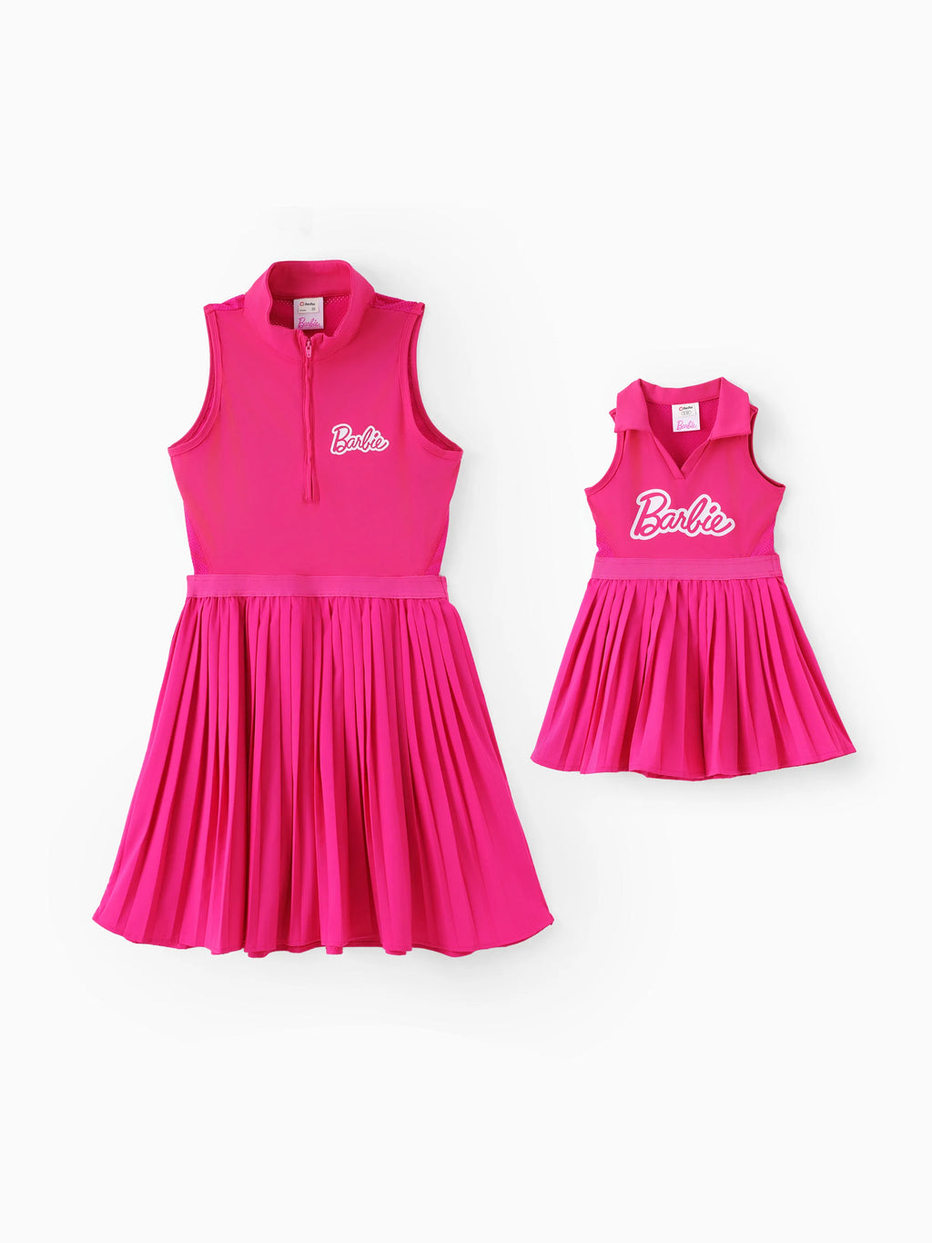 Mom and mini daughter wearing matching hot pink Barbie polo sleeveless dresses for Mother's Day photos from Patpat