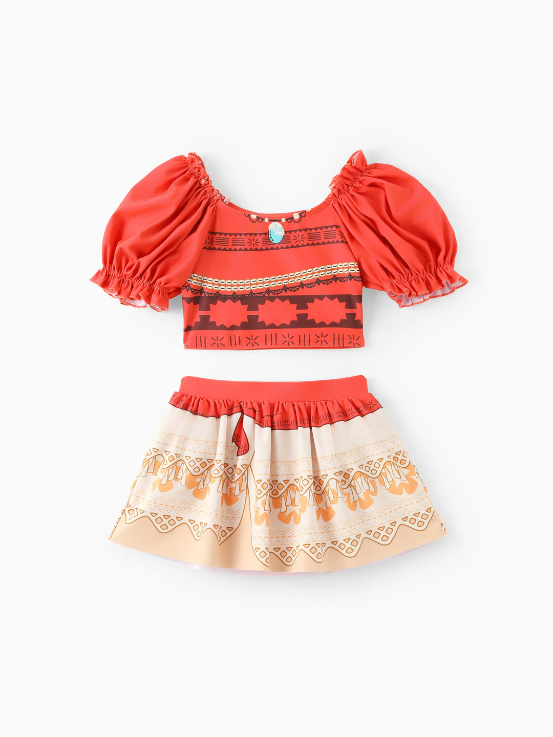 Maillot de bain 2 pièces princesse Disney Moana pour petite fille, haut à manches bouffantes et jupe UPF 50+, orange et rouge