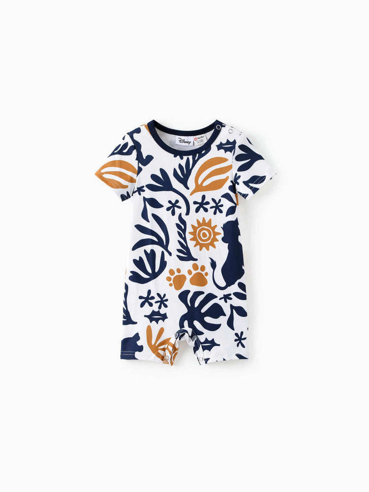 Disney Lion King Family Matching Simba Palm Leaf Pattern Colorblock Dress/Top/Romper Dark Blue