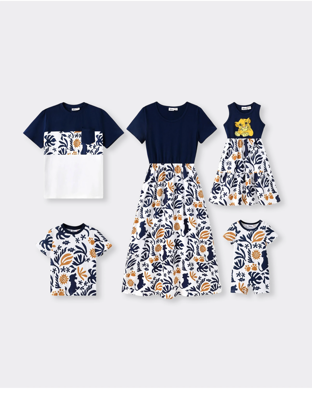 Disney Lion King Family Matching Simba Palm Leaf Pattern Colorblock Dress/Top/Romper Dark Blue