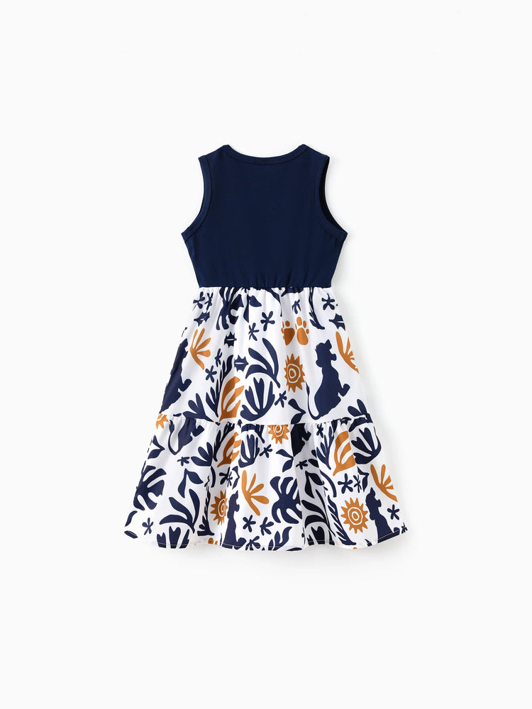 Disney Lion King Family Matching Simba Palm Leaf Pattern Colorblock Dress/Top/Romper Dark Blue