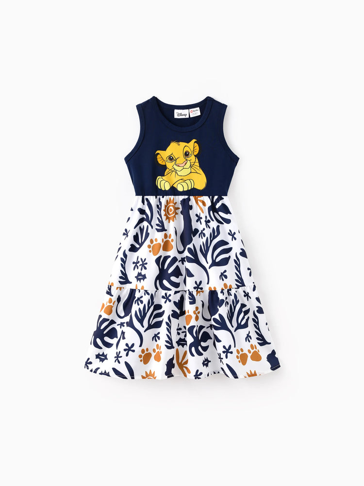 Disney Lion King Family Matching Simba Palm Leaf Pattern Colorblock Dress/Top/Romper Dark Blue
