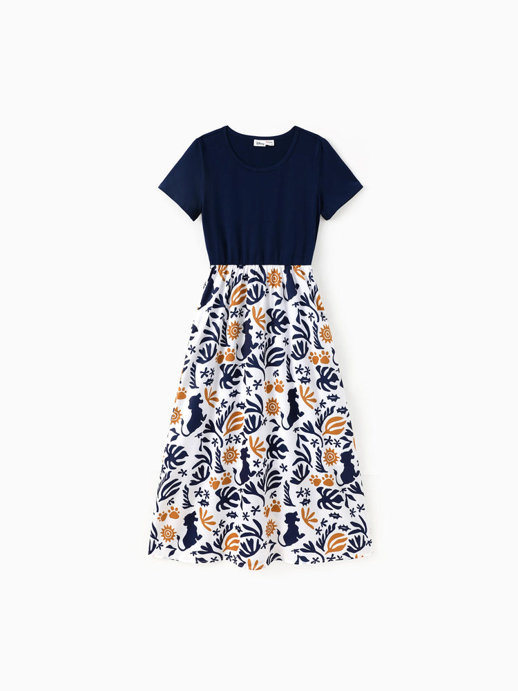 Disney Lion King Family Matching Simba Palm Leaf Pattern Colorblock Dress/Top/Romper Dark Blue