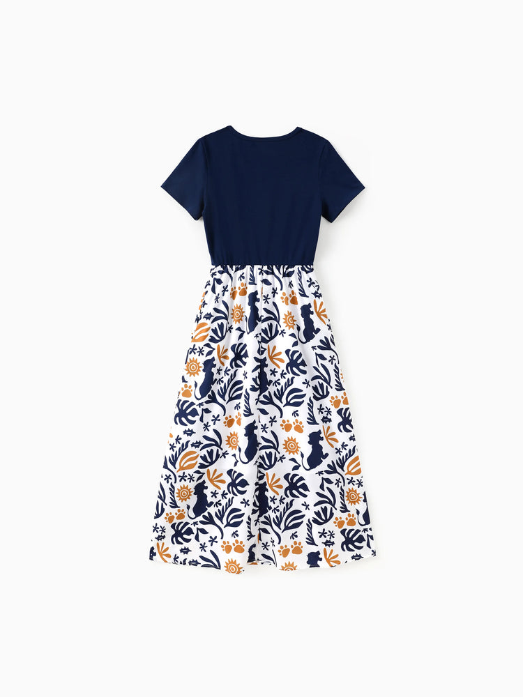 Disney Lion King Family Matching Simba Palm Leaf Pattern Colorblock Dress/Top/Romper Dark Blue